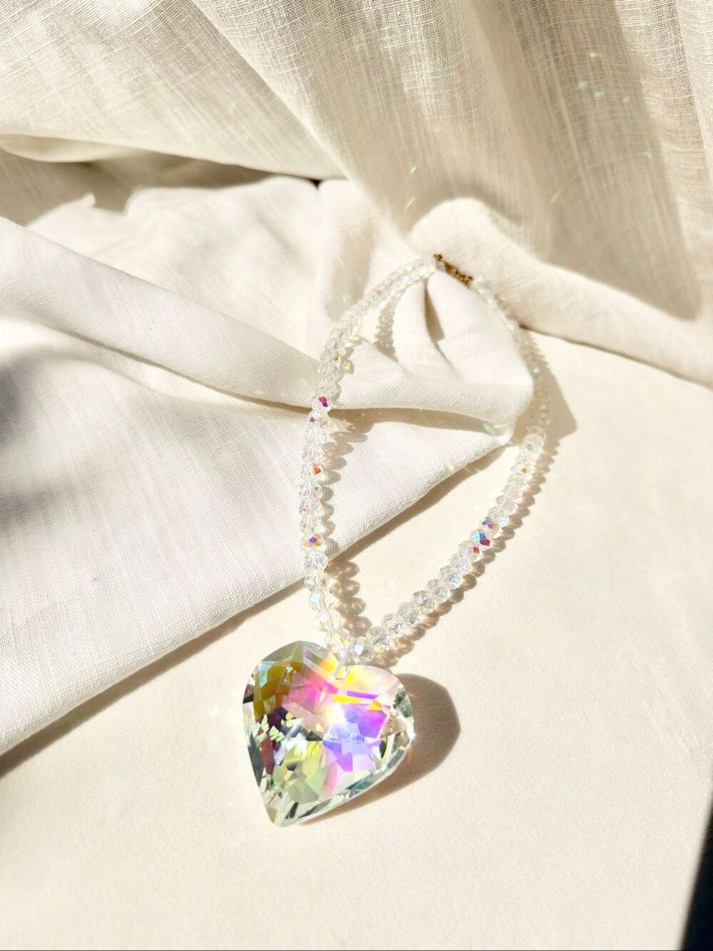 Aurora Crystal Heart Pendant Necklace Iridescent Rainbow Statement